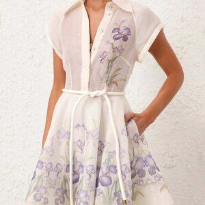 Zimmermann Natura silk-linen short-sleeve shirt dress with a flared skirt, size